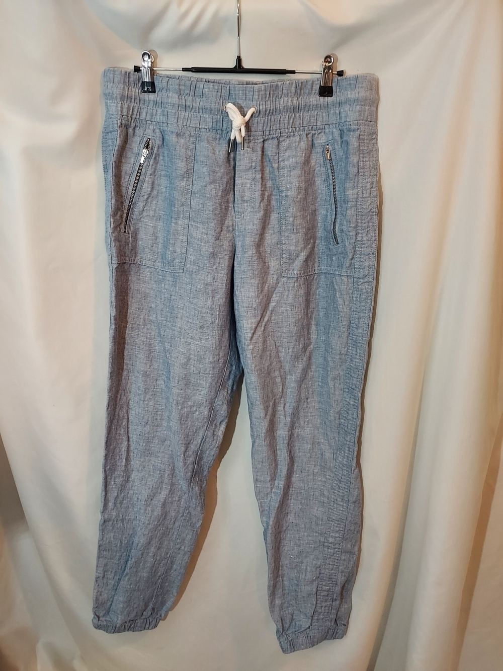 Athleta Cabo Linen Jogger Pants Chambray Blue Elastic Waist Cuffs - 8